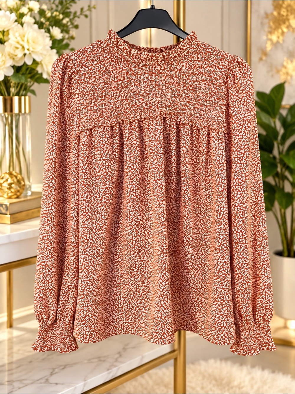 Doe & Rae Rust Microprint Smocked Yoke Long-Sleeve Blouse